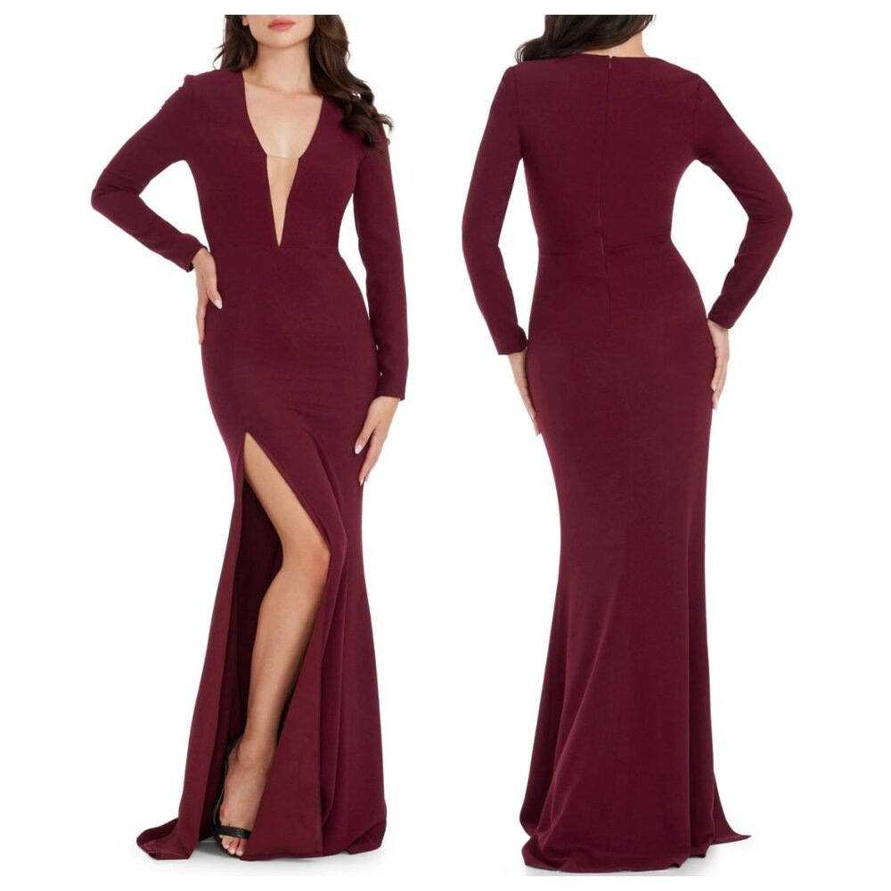 Dress the Population Amber Long Sleeve Illusion Mesh Gown Burgundy